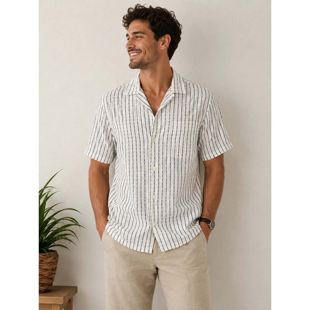 Common People Striped Cotton Linen Short Sleeve Shirt Size Small casual beach